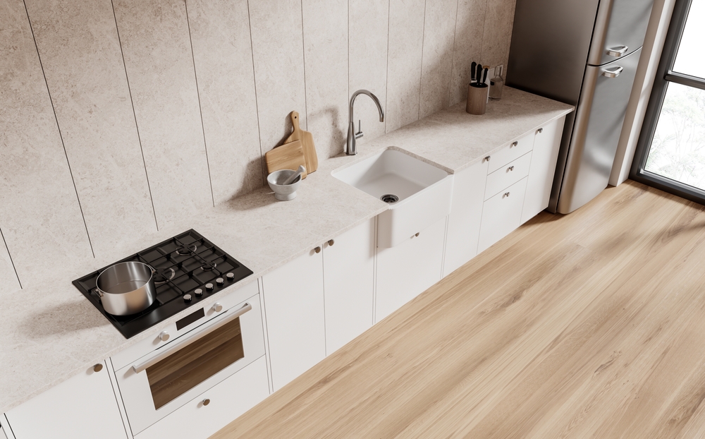 พื้นห้องครัวโทนไม้สีน้ำตาล