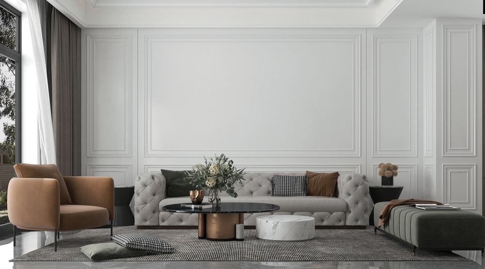 แต่งห้องนั่งเล่น Modern Classic ด้วยผนังคิ้วบัวสีขาว
