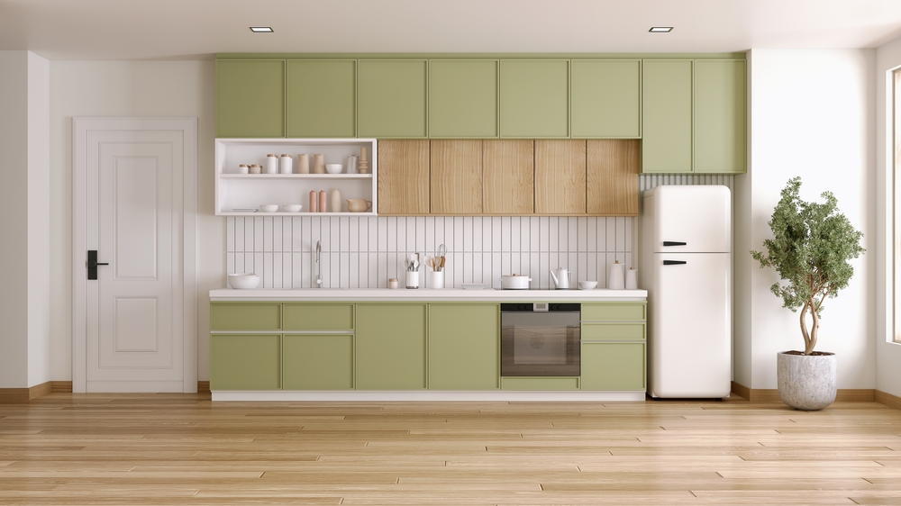 แต่งห้องครัวมูจิมินิมอลด้วยตู้บิ้วอินสีเขียว