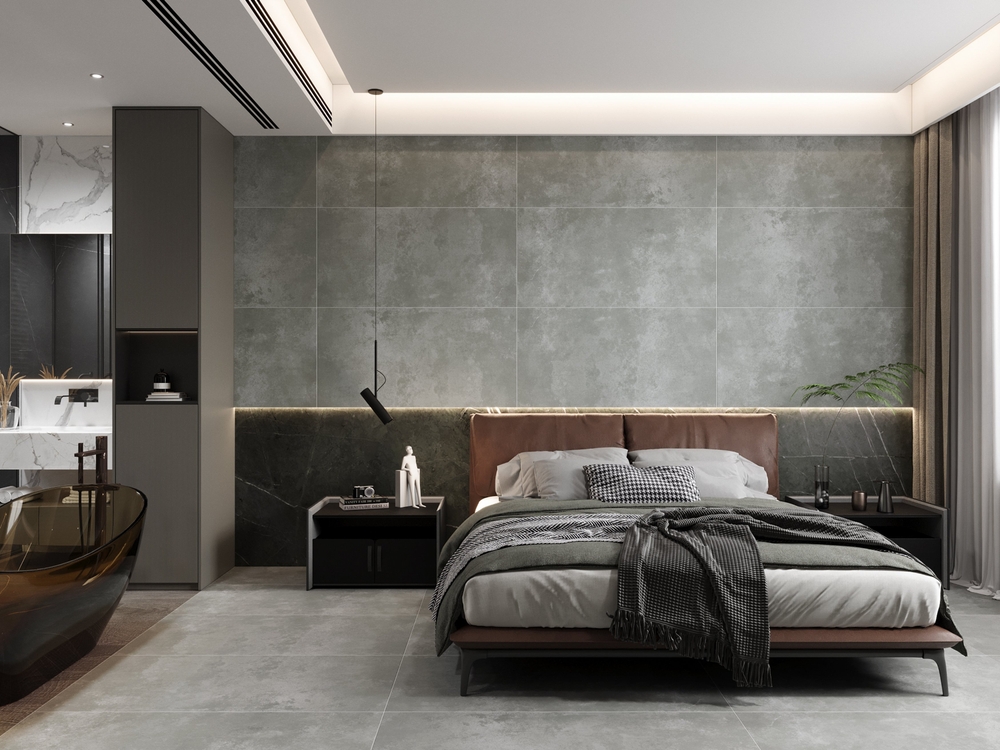 กระเบื้องแกรนิตโต้สีเทาในห้องนอน