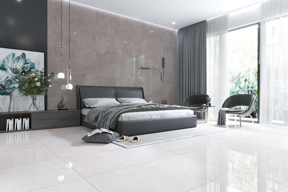 กระเบื้องพอร์ซเลนสีขาวในห้องนอนโมเดิร์น