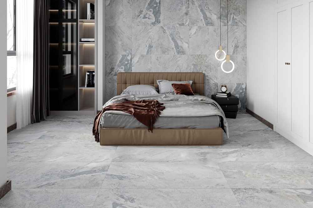 กระเบื้องลายหินอ่อนสีเทาในห้องนอน