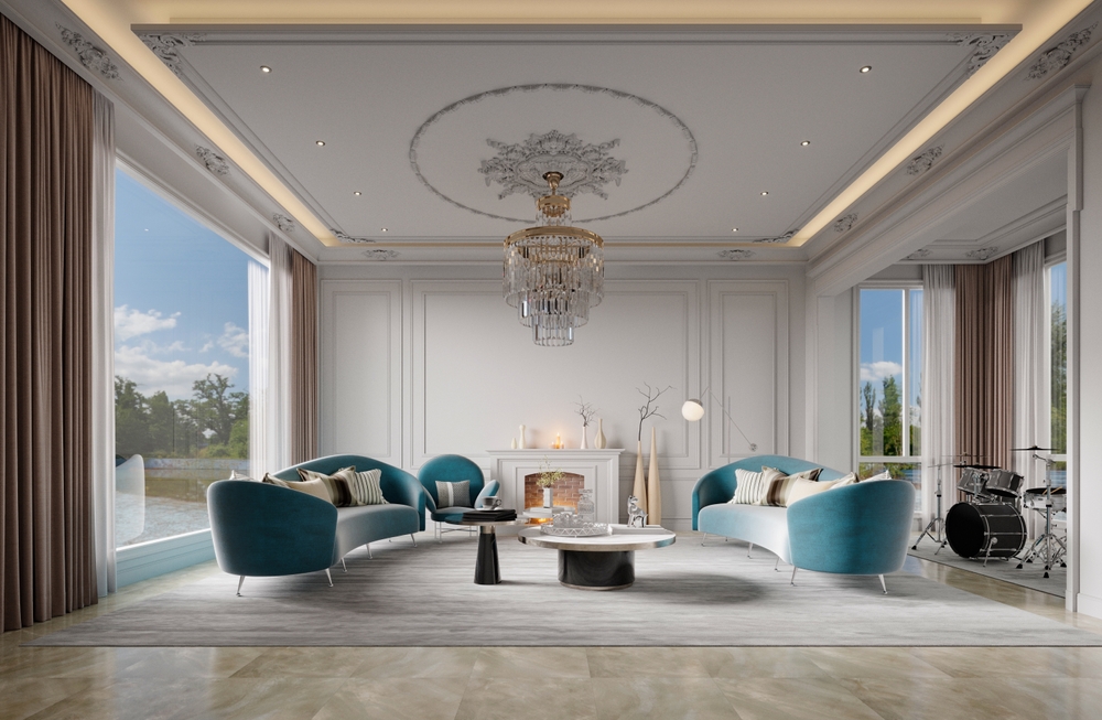 ห้องนั่งเล่นสไตล์ Modern Luxury ที่โดดเด่นด้วยสีเฟอร์นิเจอร์