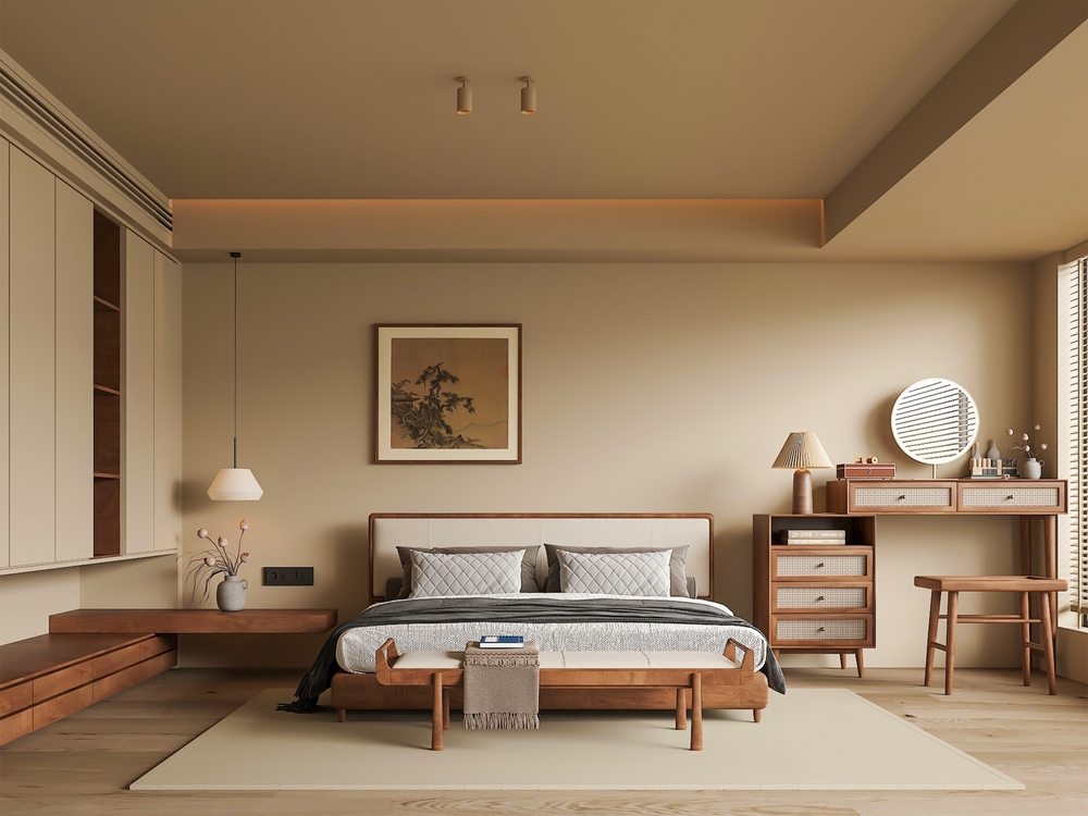 พื้นกระเบื้องลายไม้ธรรมชาติในห้องนอนสไตล์ Japandi