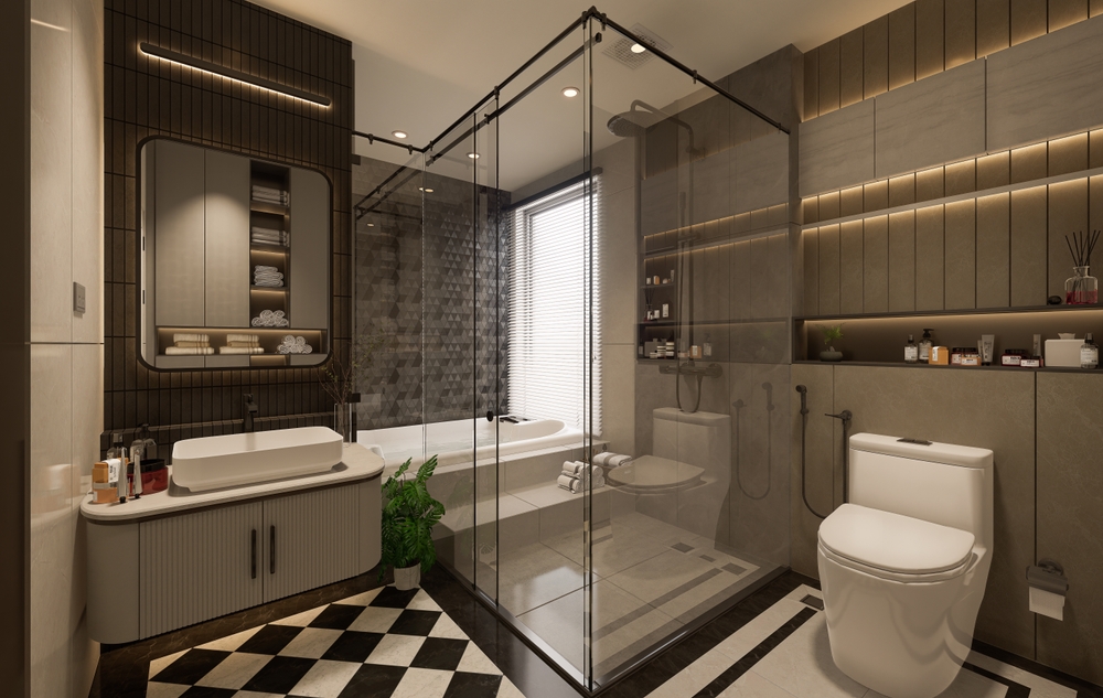 แต่งห้องน้ำ Modern Classic ด้วยกระเบื้องลายตารางหมากรุก