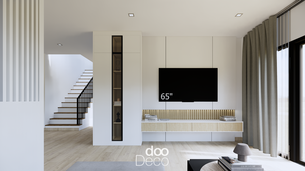 การออกแบบ 3D ห้องนั่งเล่นโทนสีขาว