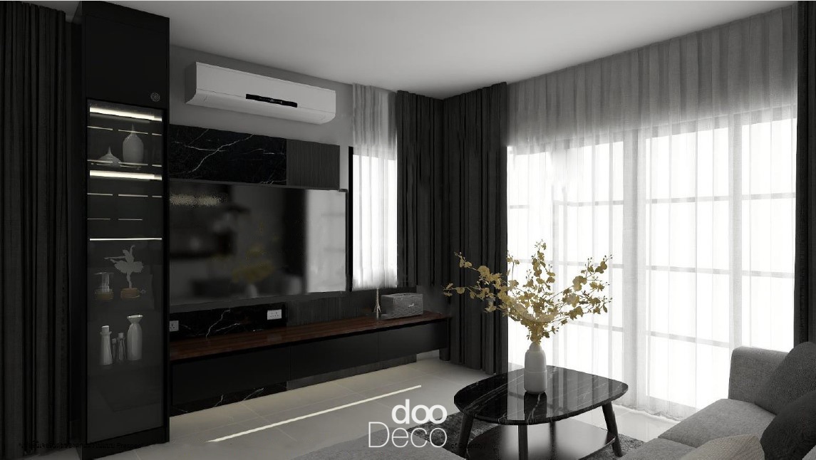 การออกแบบ 3D ห้องนั่งเล่นโทนสีดำ