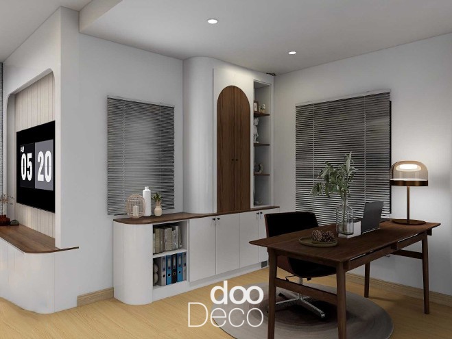 การออกแบบ 3D ห้องทำงานโทนไม้