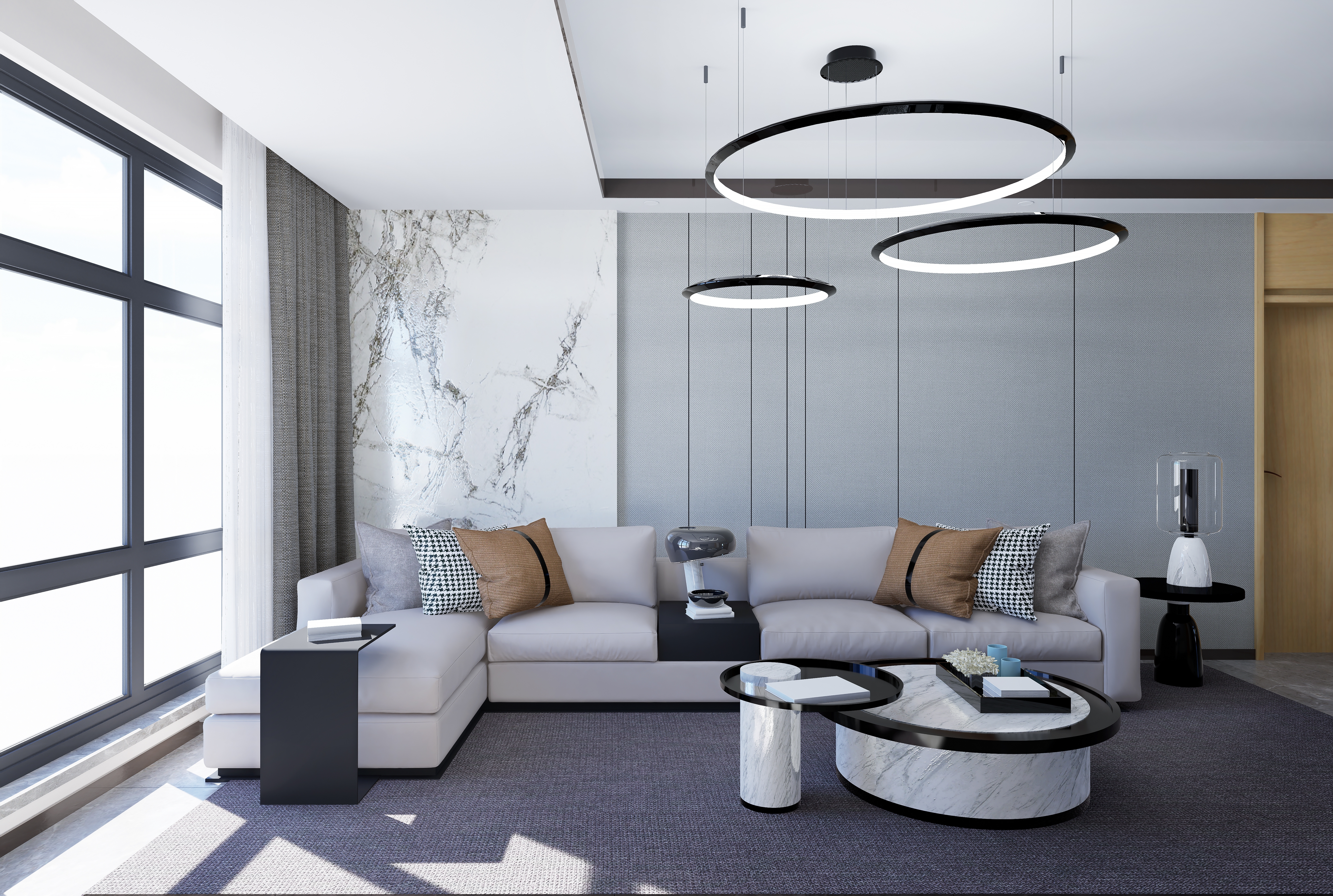การตกแต่งห้องนั่งเล่นสไตล์ Luxury โทนสีเทา พร้อมโคมไฟลวดลายพิเศษ