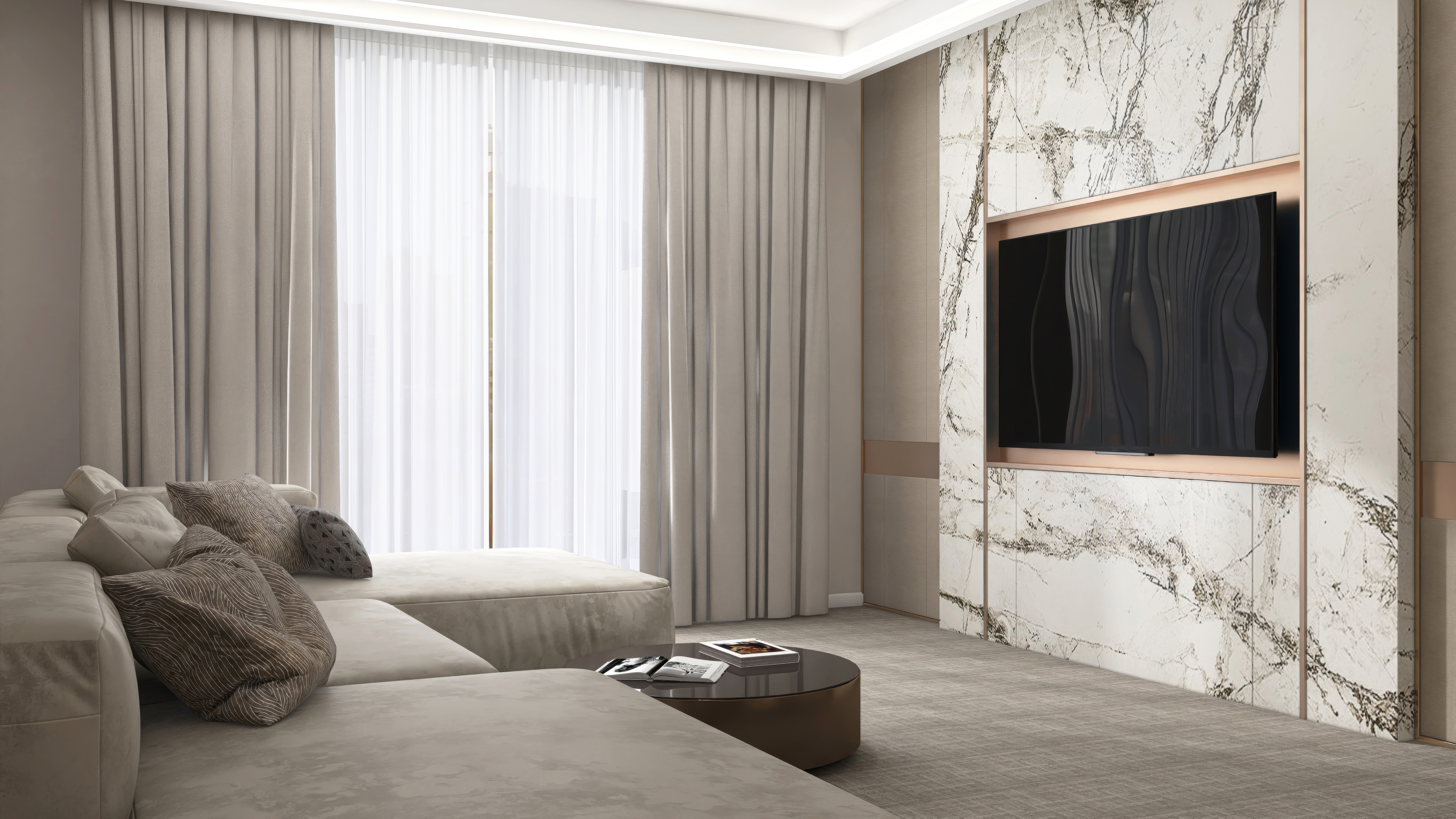 การออกแบบมุม Living สไตล์ Luxury ที่โดดเด่นด้วยผนังหินอ่อน