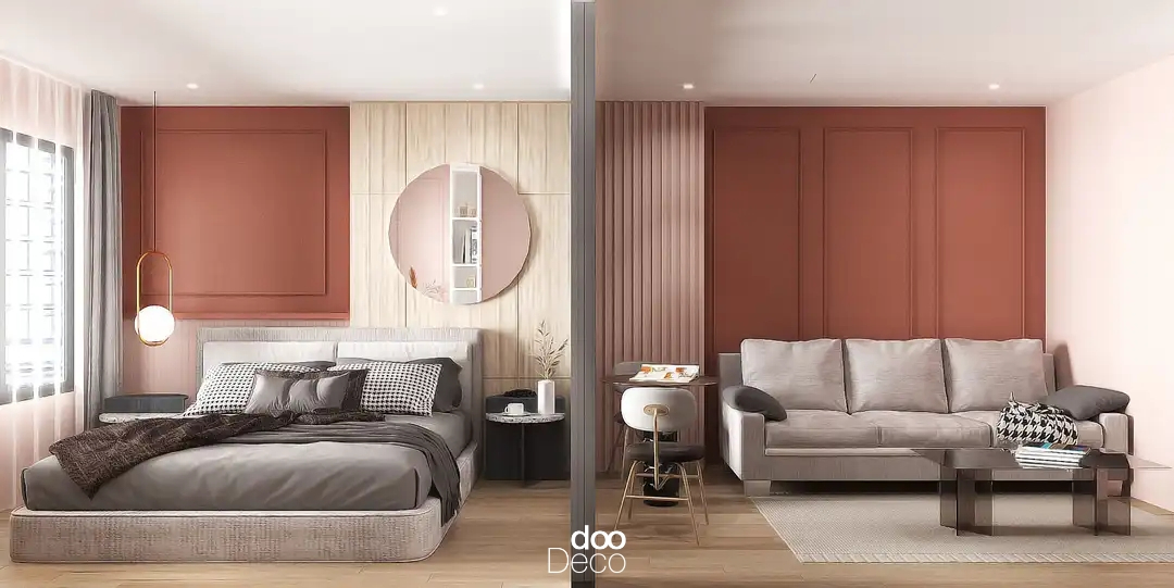 พื้นไม้ในห้องนอนโทนสีแดง