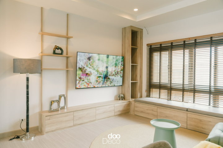 บิ้วอิน-ฟิตอินชั้นวางของโทนไม้